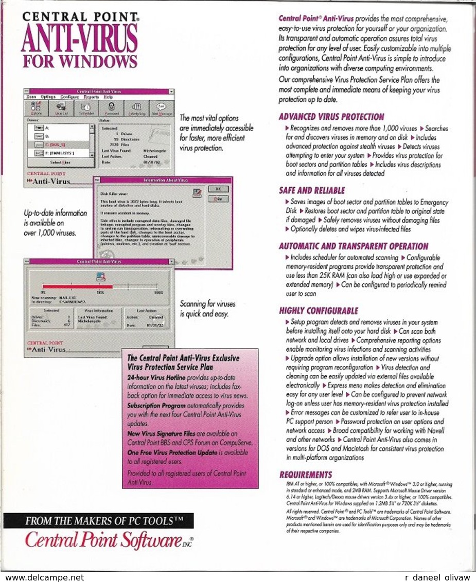 Central Point Antivirus 1.0 Pour Windows 3, En Anglais (1992, TBE+) - Autres & Non Classés