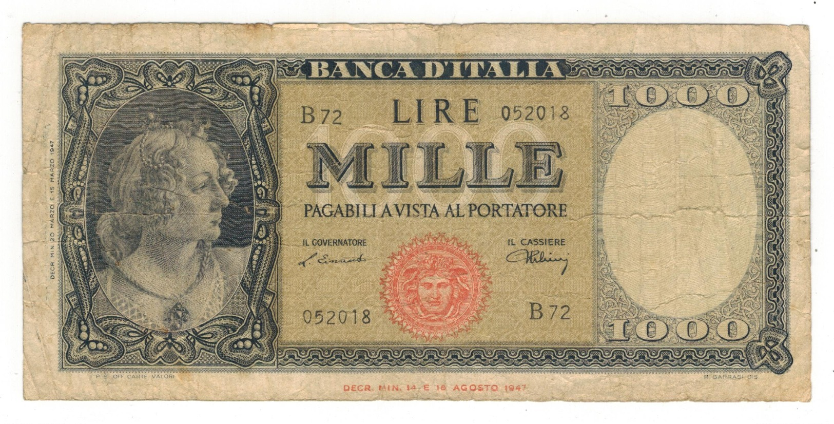 Italy 1000 Lire 1947. P-83.  F. - 1.000 Lire