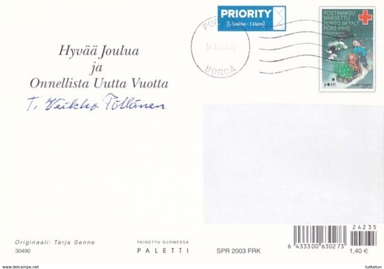 Postal Stationery - Candle Lighting - Bible - Flowers On The Table - Red Cross 2003 - Suomi Finland - Postage Paid - Other & Unclassified