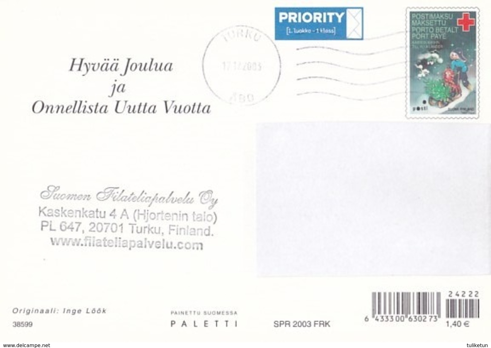 Postal Stationery - Elf Whispering To A Cat - Red Cross 2003 - Suomi Finland - Postage Paid - Inge Löök - Postal Stationery