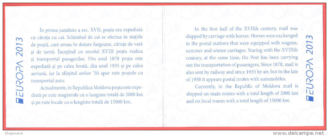 Moldova 2013 "Europa-CEPT 2013" " Postal Transport - From The Van To The Car" Booklet Quality:100% - 2013