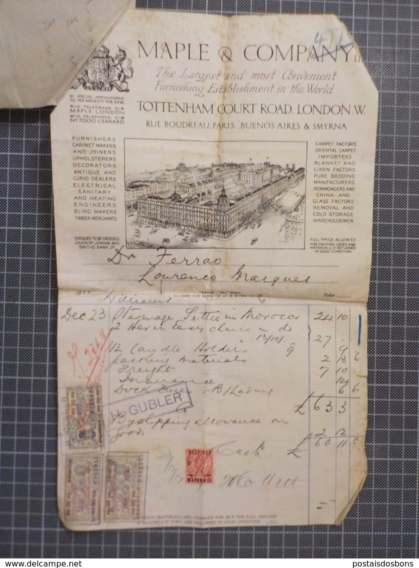 Cx 12) Facture Invoice MAPLE & CO 1912 LONDON > MOZAMBIQUE - Royaume-Uni