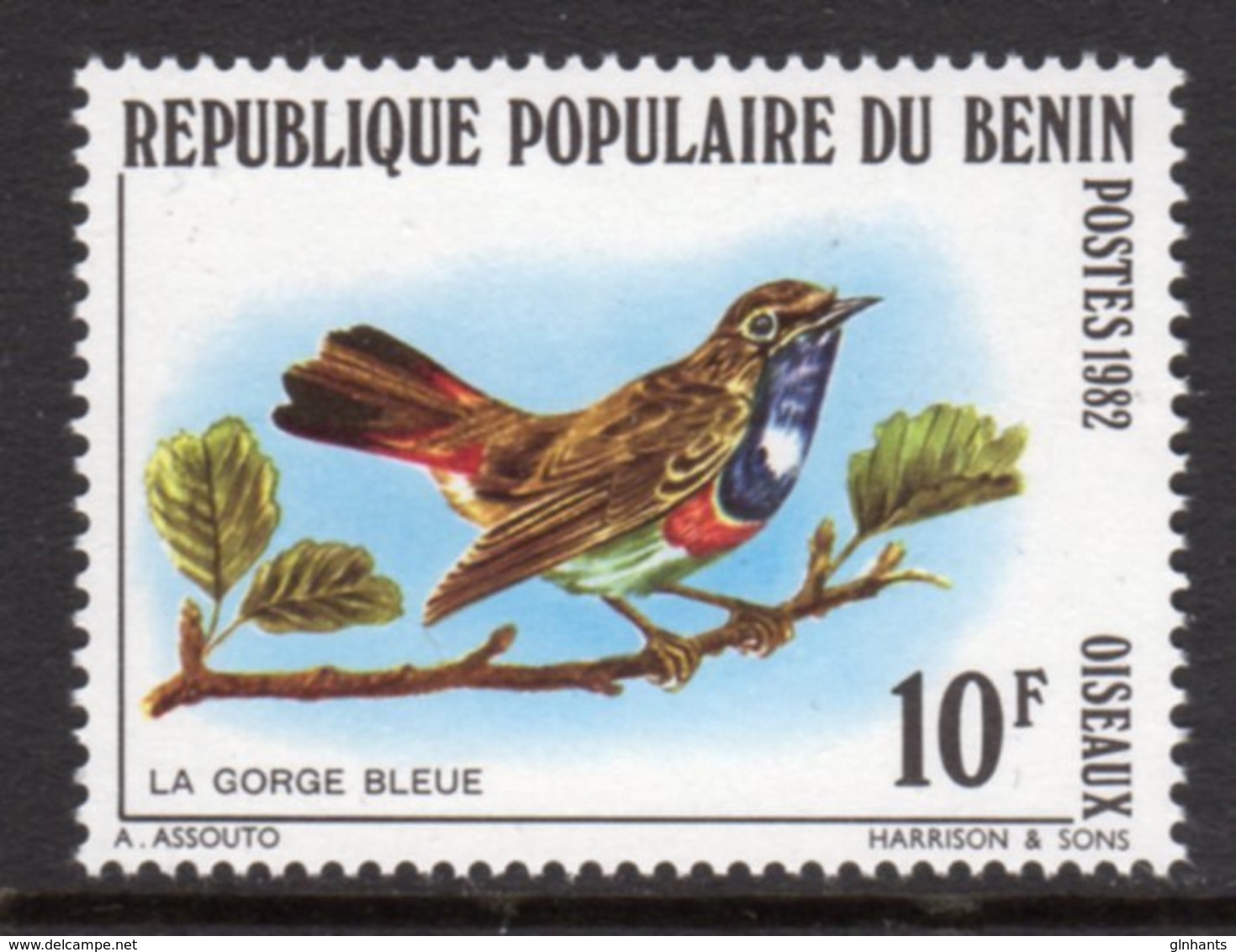 BENIN - 1982 BLUETHROAT 10F BIRD STAMP FINE MNH ** SG 862 - Benin - Dahomey (1960-...)