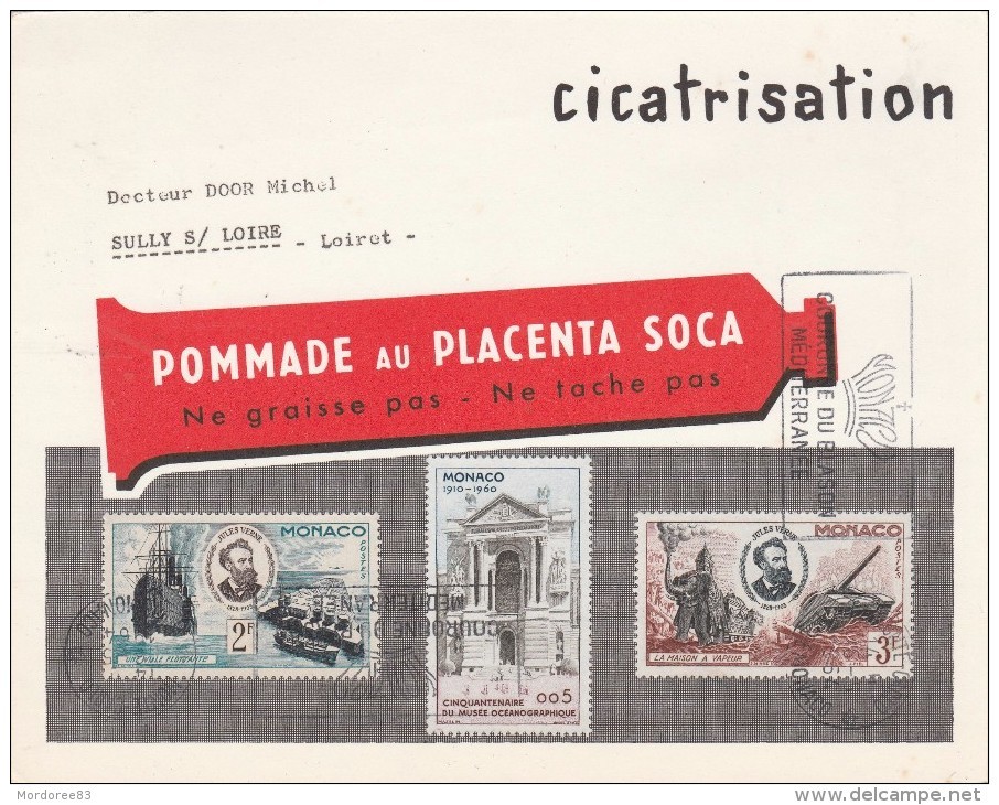 PUB POMMADE AU PLACENTA SOCA CICATRISATION SUR GRANDE CARTE AVEC 3 TIMBRES 1964 MONACO                     TDA47 - Pharmacy
