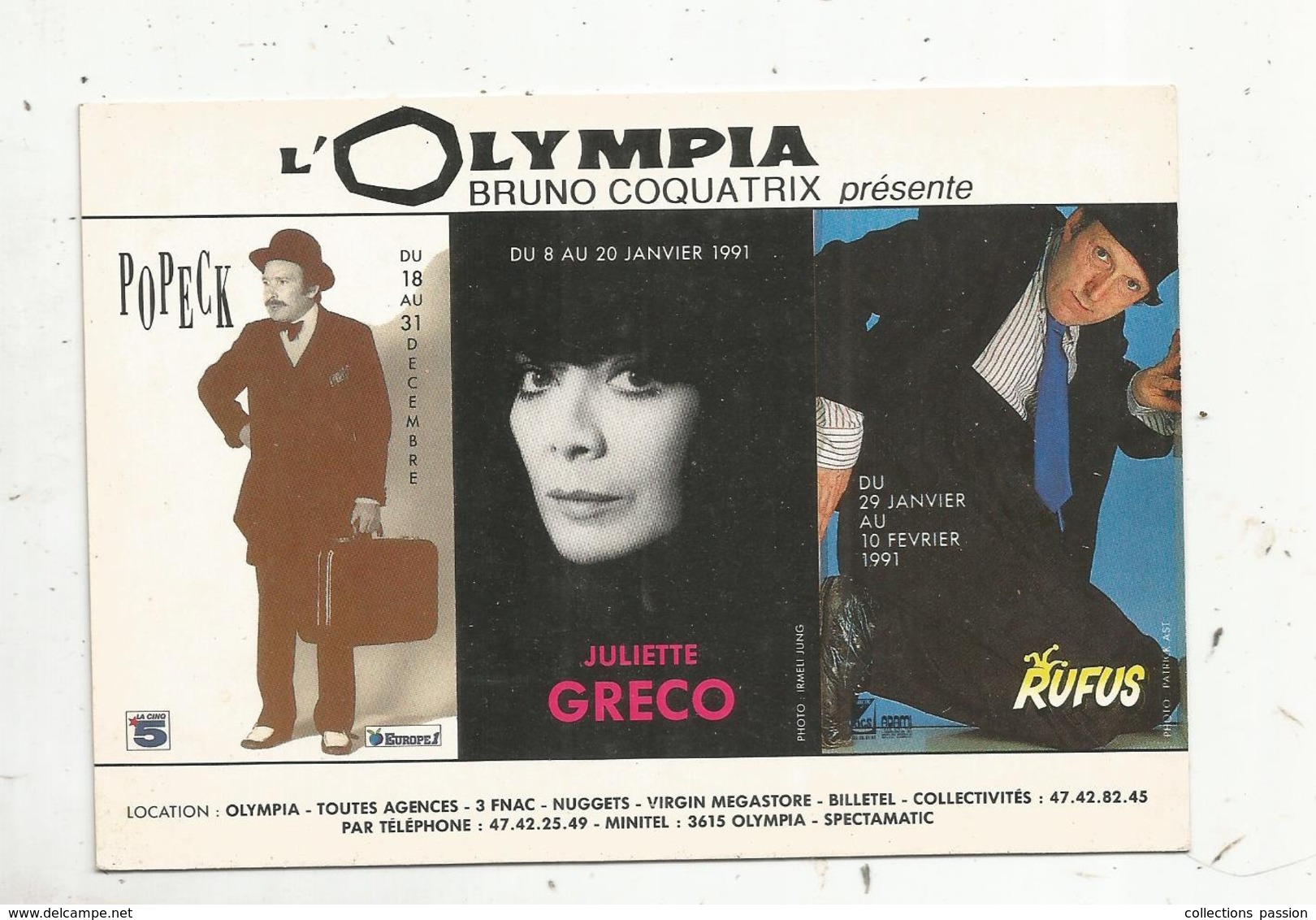 Cp, Spectacle ,artiste, L'OLYMPIA ,1991 ,POPECK ,  Juliette GRECO ,  RUFUS ,  Vierge - Artistes