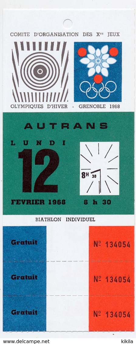 Billet Entrée AUTRANS Biathlon Individuel 12 Février 1968 Jeux Olympiques D'hiver Grenoble * - Tickets - Vouchers