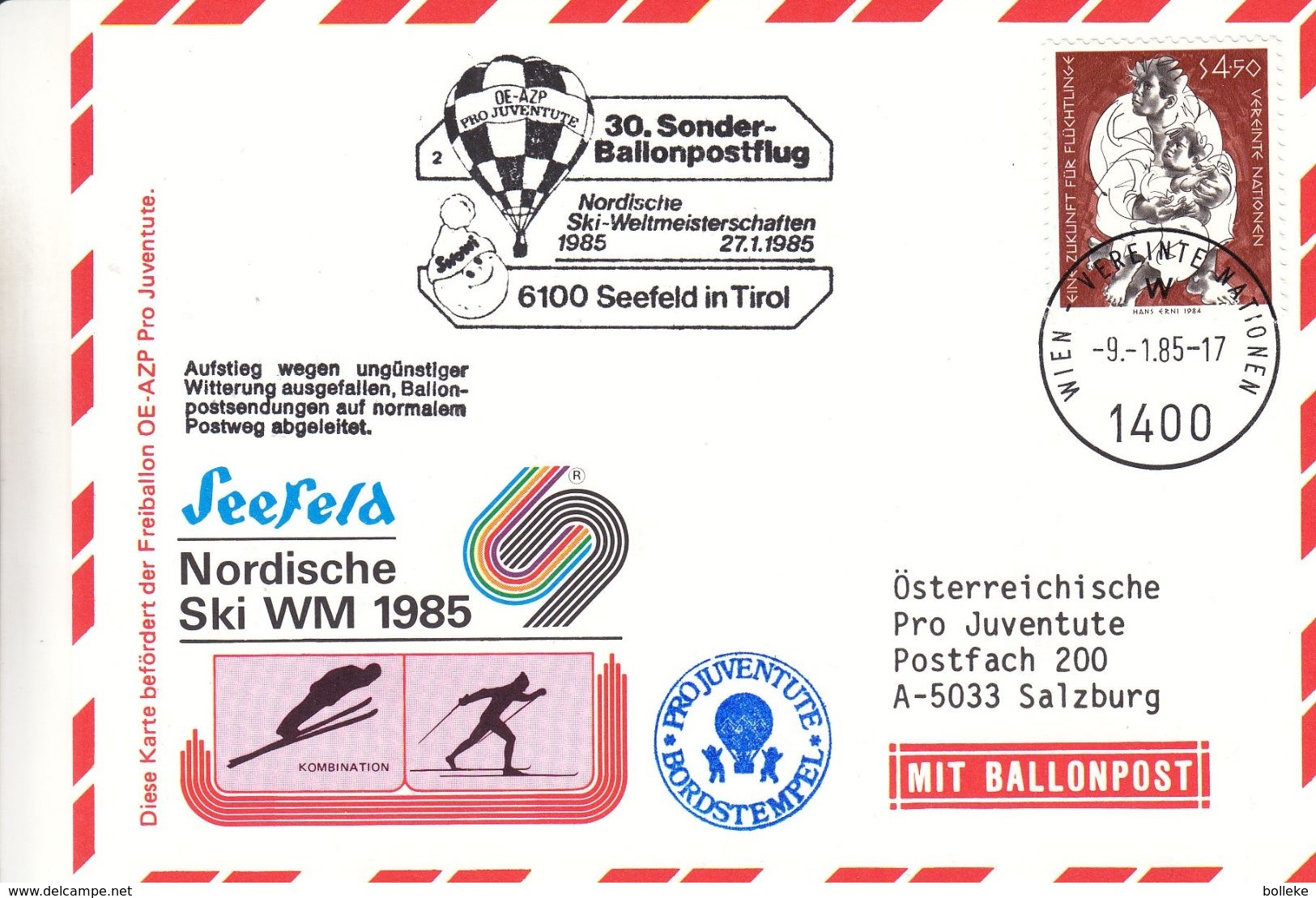 Montgolfières - Nations Unies Autriche - Carte Postale De 1985 - Oblit Wien - Vol Par Ballon - Cachet De Seefeld - Airships