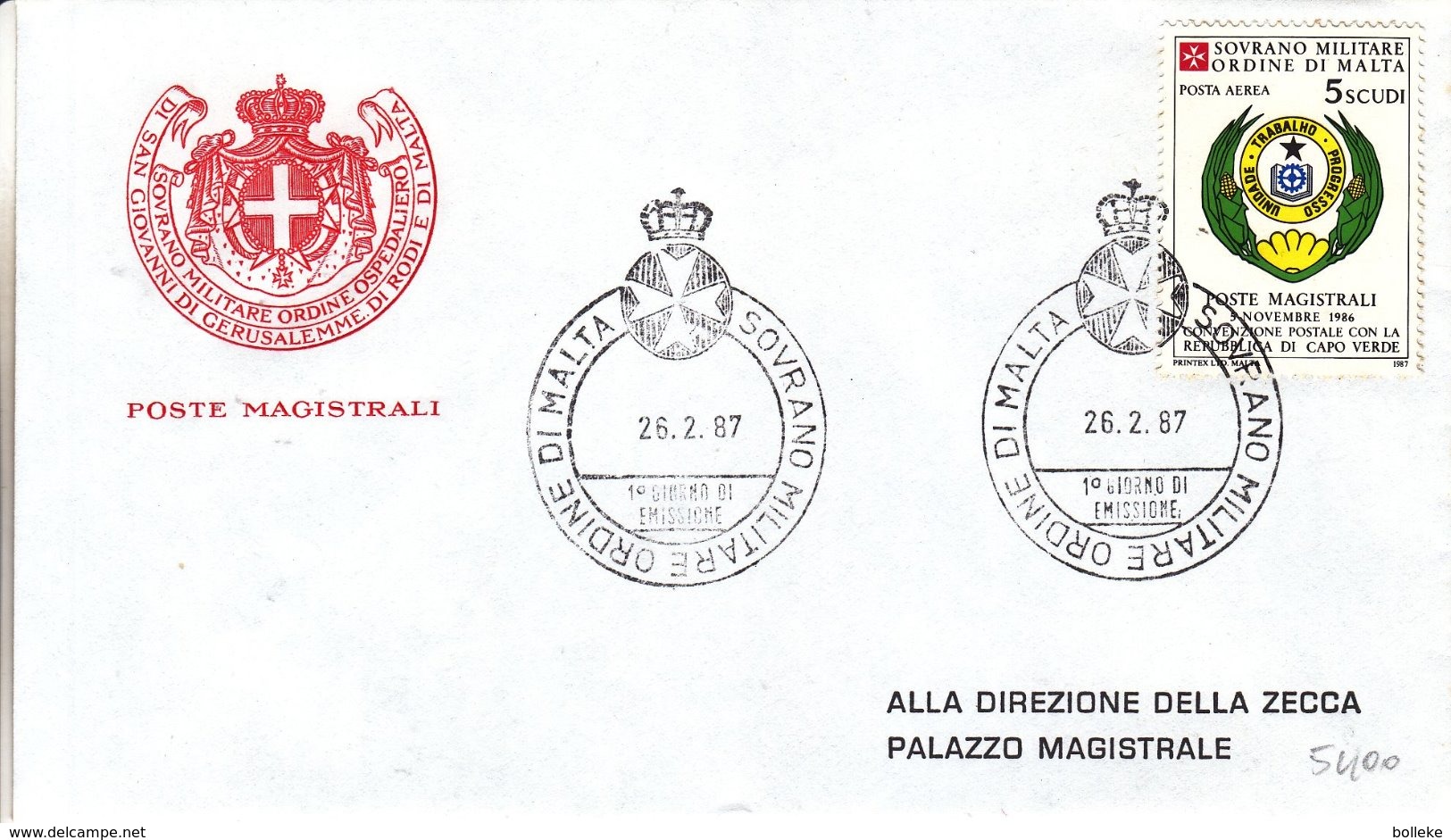 Ordre De Malte - Lettre De 1987 - Oblit Souvrano Militare Ordine Si Malta - - Malte (Ordre De)