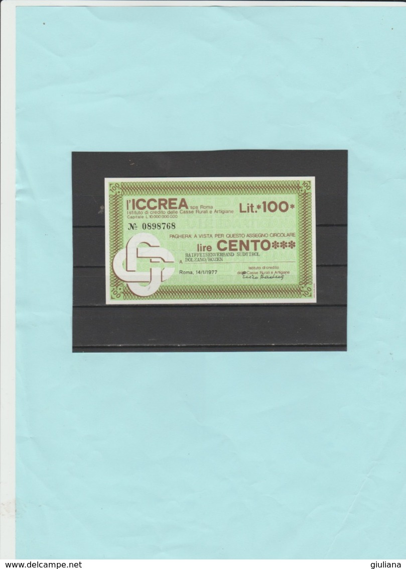 Italia Repubblica - Miniassegno L. 100   L'ICCREA, 14/1/1977 - [10] Assegni E Miniassegni