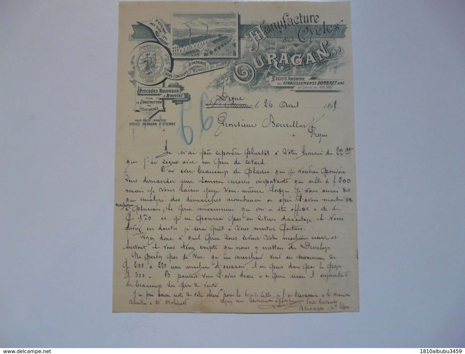 VIEUX PAPIERS - DOCUMENTS COMMERCIAUX : Manufacture Ds Cycles OURAGAN - ETS DOMBRET Ainé - 1800 – 1899