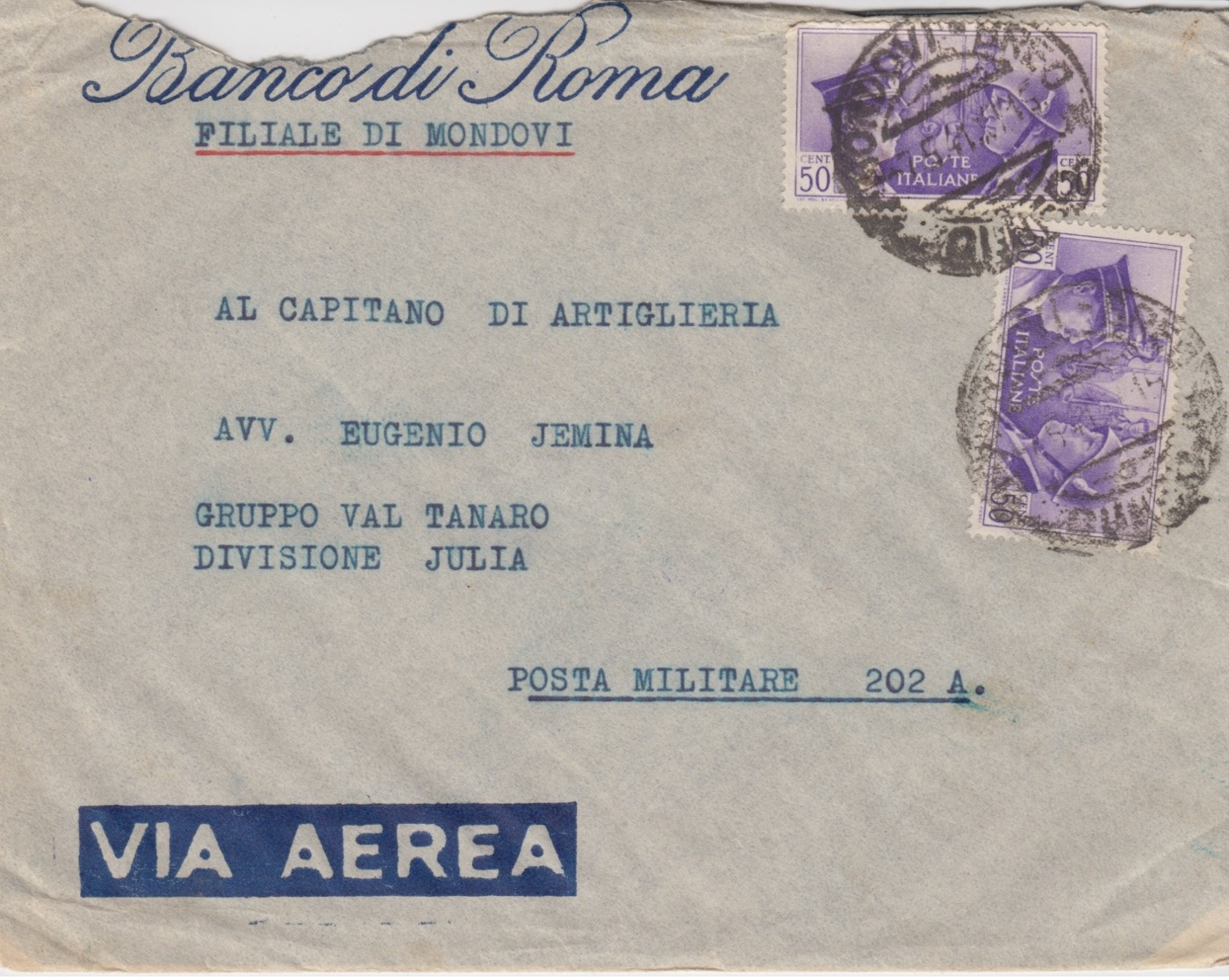 502 -  - STORIA POSTALE - BUSTA - BANCO DI ROMA - MONDOVI (CUNEO) - DA MONDOVI' PIAZZA A POSTA MILITARE 202 A. - Storia Postale