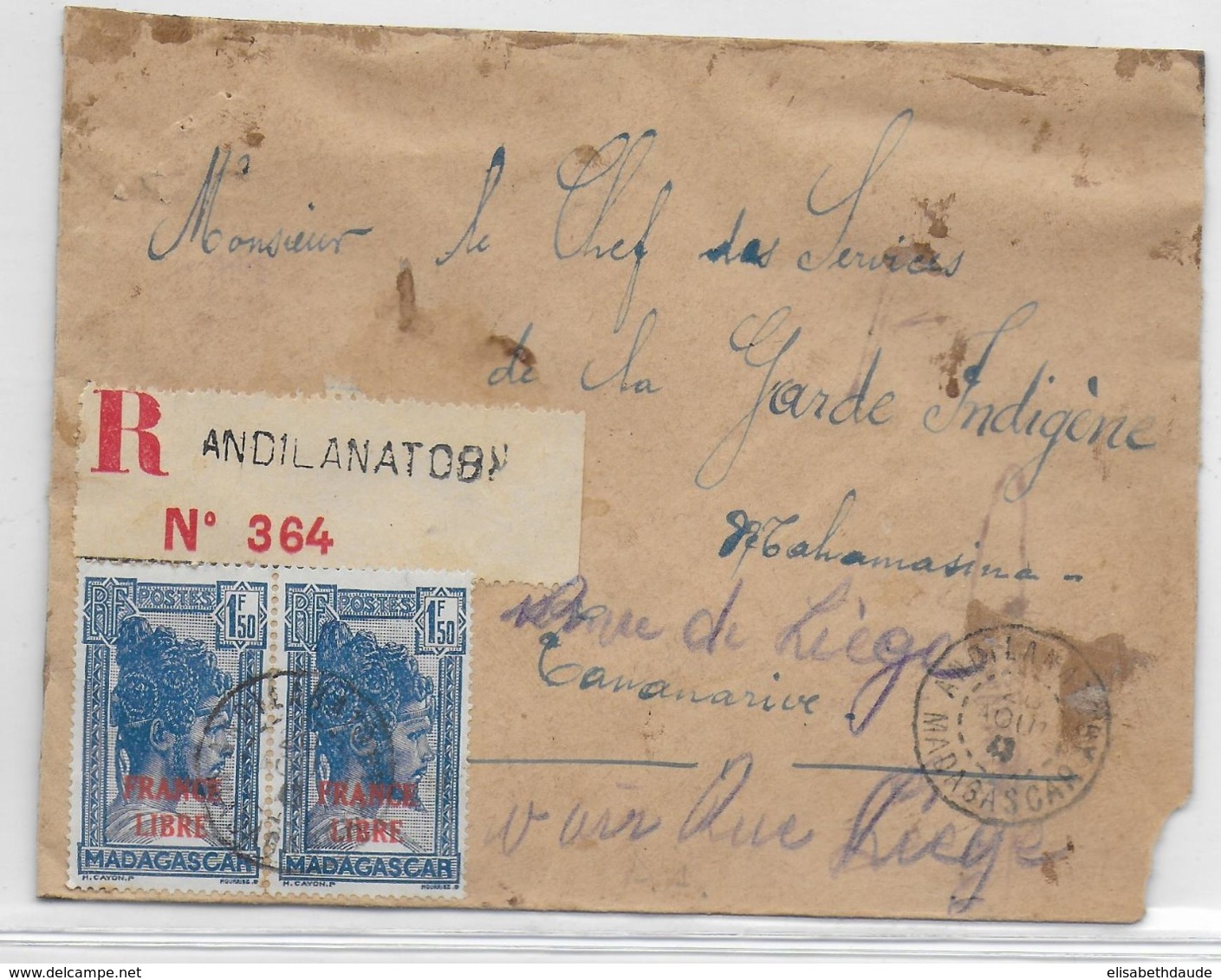 MADAGASCAR - 1943 - FRANCE LIBRE - ENVELOPPE ARTISANALE RECOMMANDEE De ANDILANATOBY => TANANARIVE - Lettres & Documents