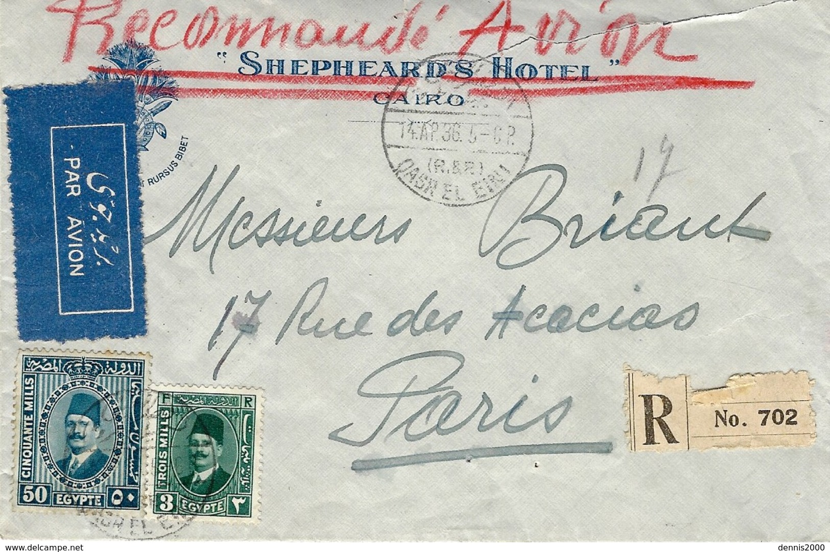 1936- Enveloppe RECC.par Avion De Qasr El Eini Affr. à 53 Mills Pour La France  -étiquette AVION Bilingue - Covers & Documents