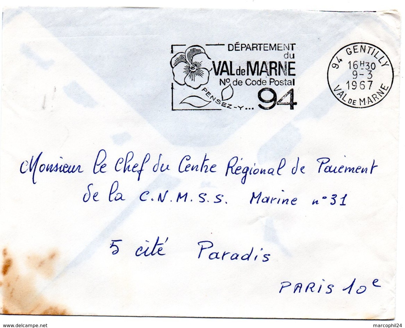 VAL De MARNE - Dépt N° 94  GENTILLY 1967 = FLAMME Codée à DROITE = SECAP  ' N° De CODE POSTAL / PENSEZ-Y ' - Postleitzahl