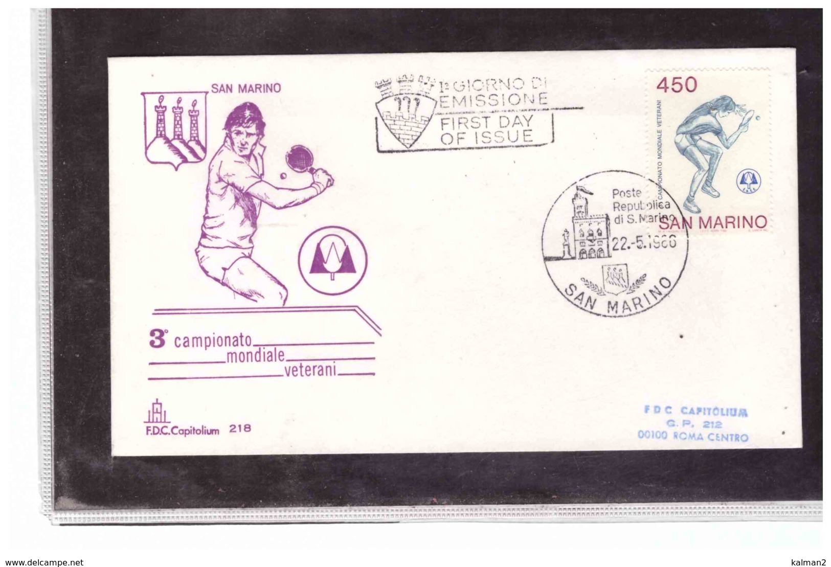 FDC5458   -   SAN MARINO  22.6.1986    /   FDC  CAT. UNIFICATO  1184  -  3°  CAMP. MONDIALE VETERANI - Tennis Tavolo