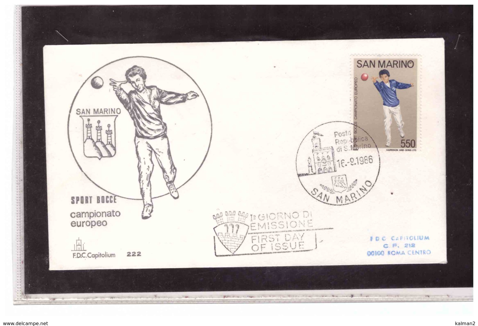 FDC5459   -   SAN MARINO 16.9.1986    /   FDC  CAT. UNIFICATO  1189  -   CAMPIONATO EUROPEO BOCCE - Bocce