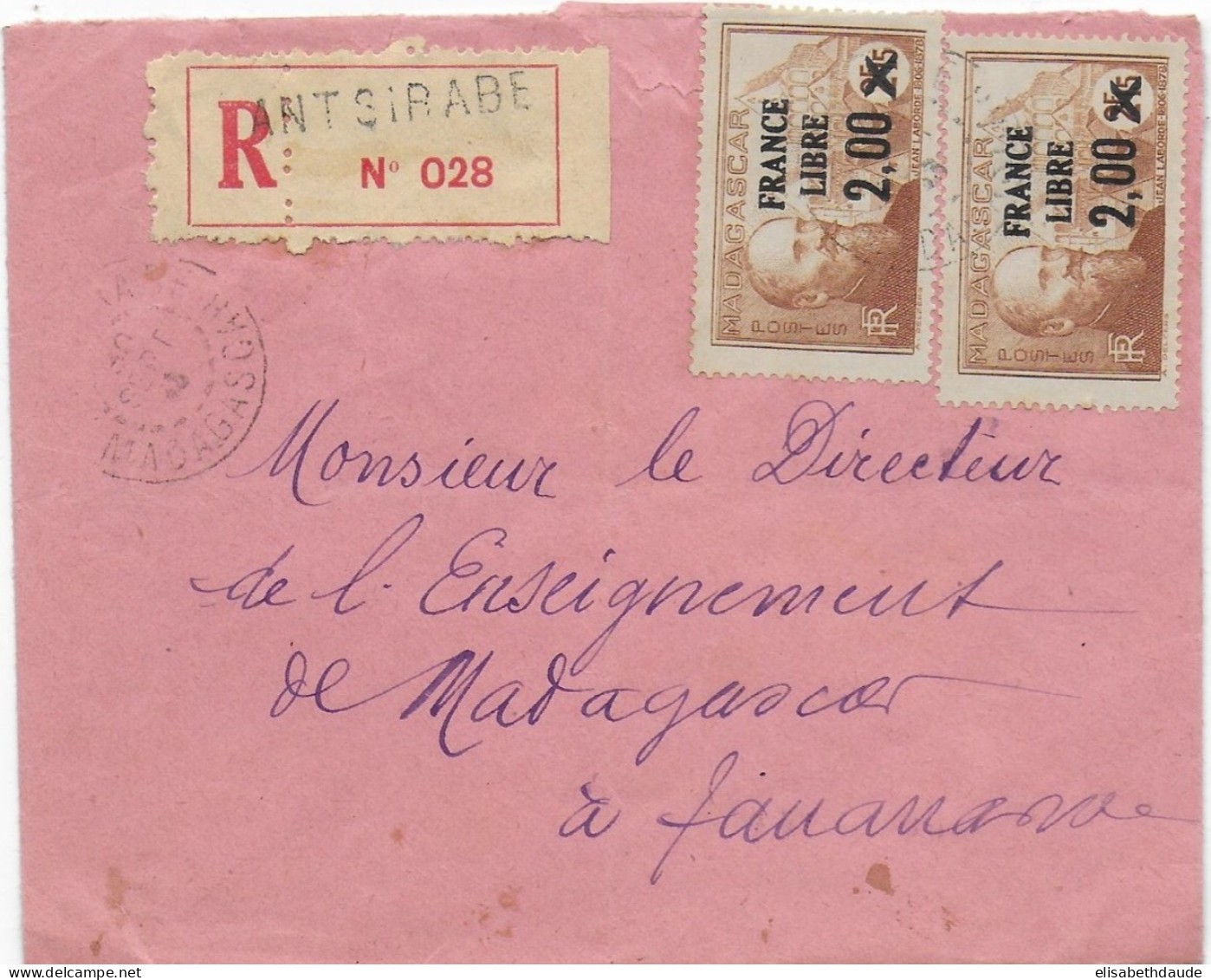 MADAGASCAR - 1943 - FRANCE LIBRE - ENVELOPPE RECOMMANDEE De ANTSIRABE => TANANARIVE - Cartas & Documentos