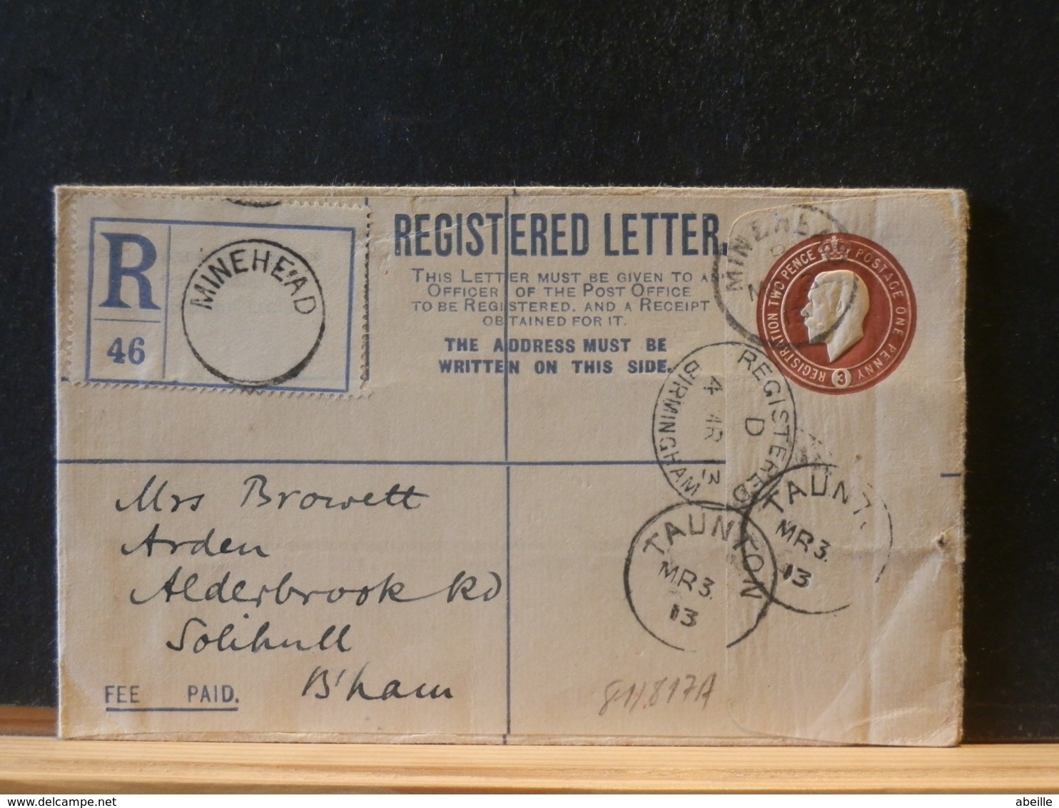 81/817A REGISTRED LETTER  1913 - Entiers Postaux