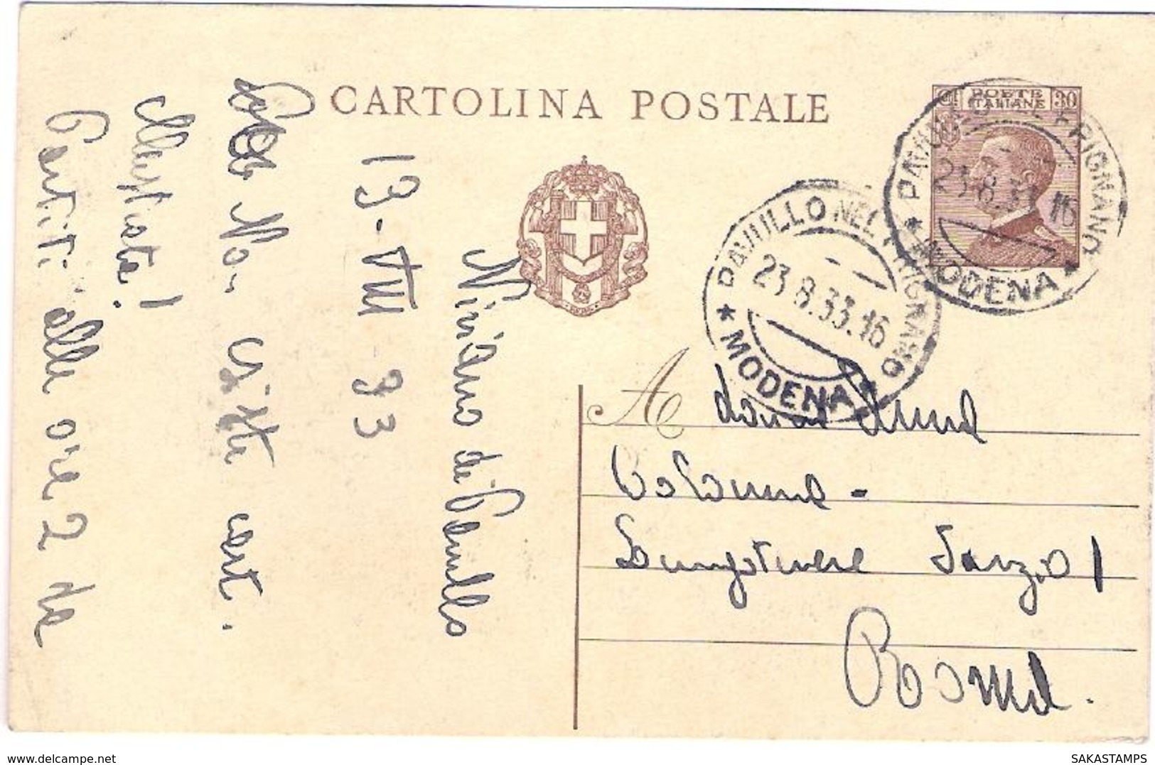 1933-cartolina Postale 30c.Michetti Annullo Di Pavullo Nel Frignano Modena - Interi Postali