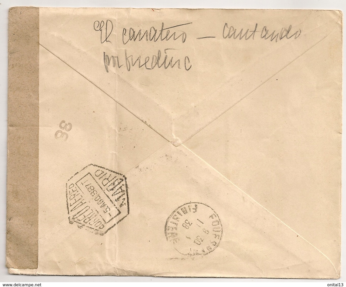 1938 CORREO AEREO / LETTRE DE MADRID A PARIS REACHEMINE SUR FOUESNANT FINISTERE /  CENSURE B1096 - Lettres & Documents