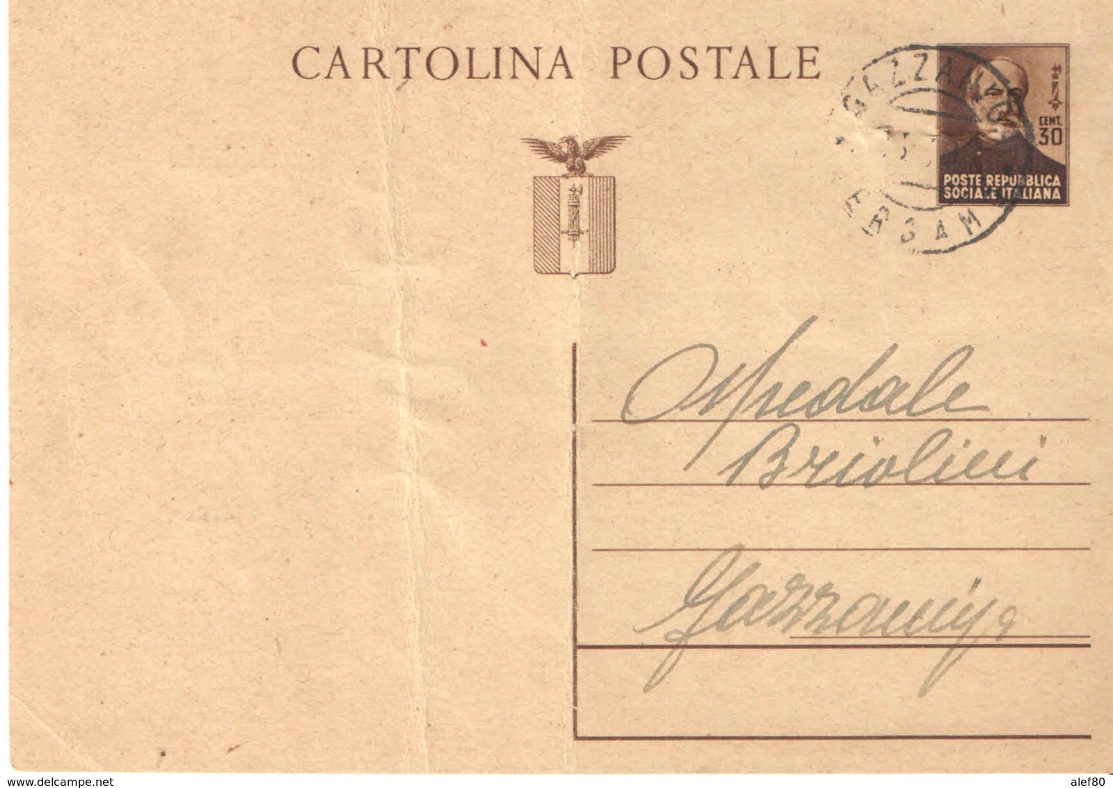 INTERO POSTALE  POSTE RSI DA CENT. 30 EFFIGE DI MAZZINI VIAGGIATA   GAZZANIGA (bg) - Stamped Stationery