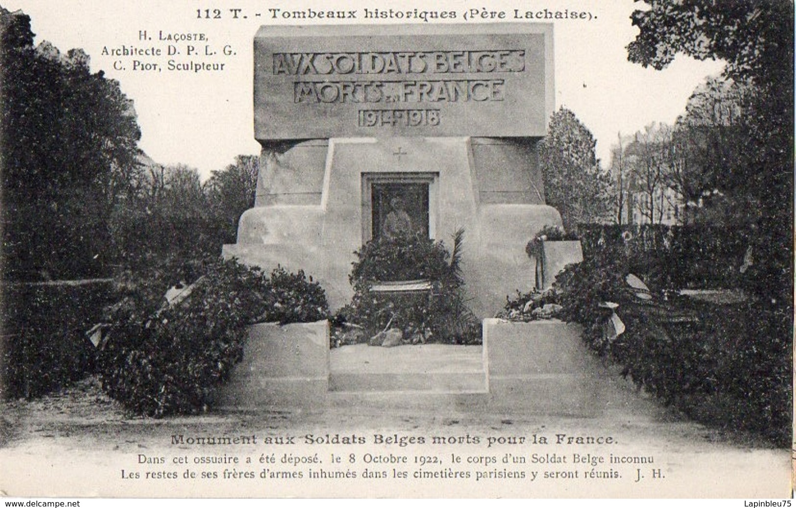 CP 75 Paris Cimetière Père Lachaise Monument Aux Soldats Belges Morts Pour La France 112T JH - Autres Monuments, édifices