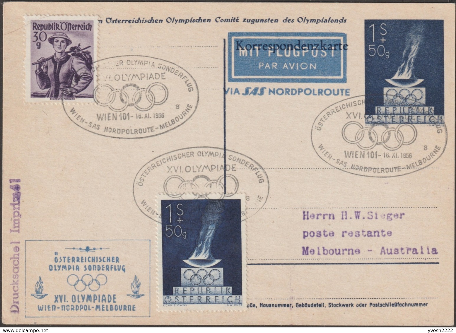 Autriche 1956. Entier Postal Timbré Sur Commande. Jeux Olympiques De Melbourne, Vol Spécial Via Pôle Nord. Flamme - Ete 1956: Melbourne