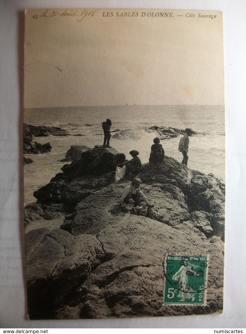 Carte Postale Les Sables D'Olonne (85) Côte Sauvage (Petit Format Noir Et Blanc Oblitérée 1908 Timbre 5 Centimes ) - Sables D'Olonne