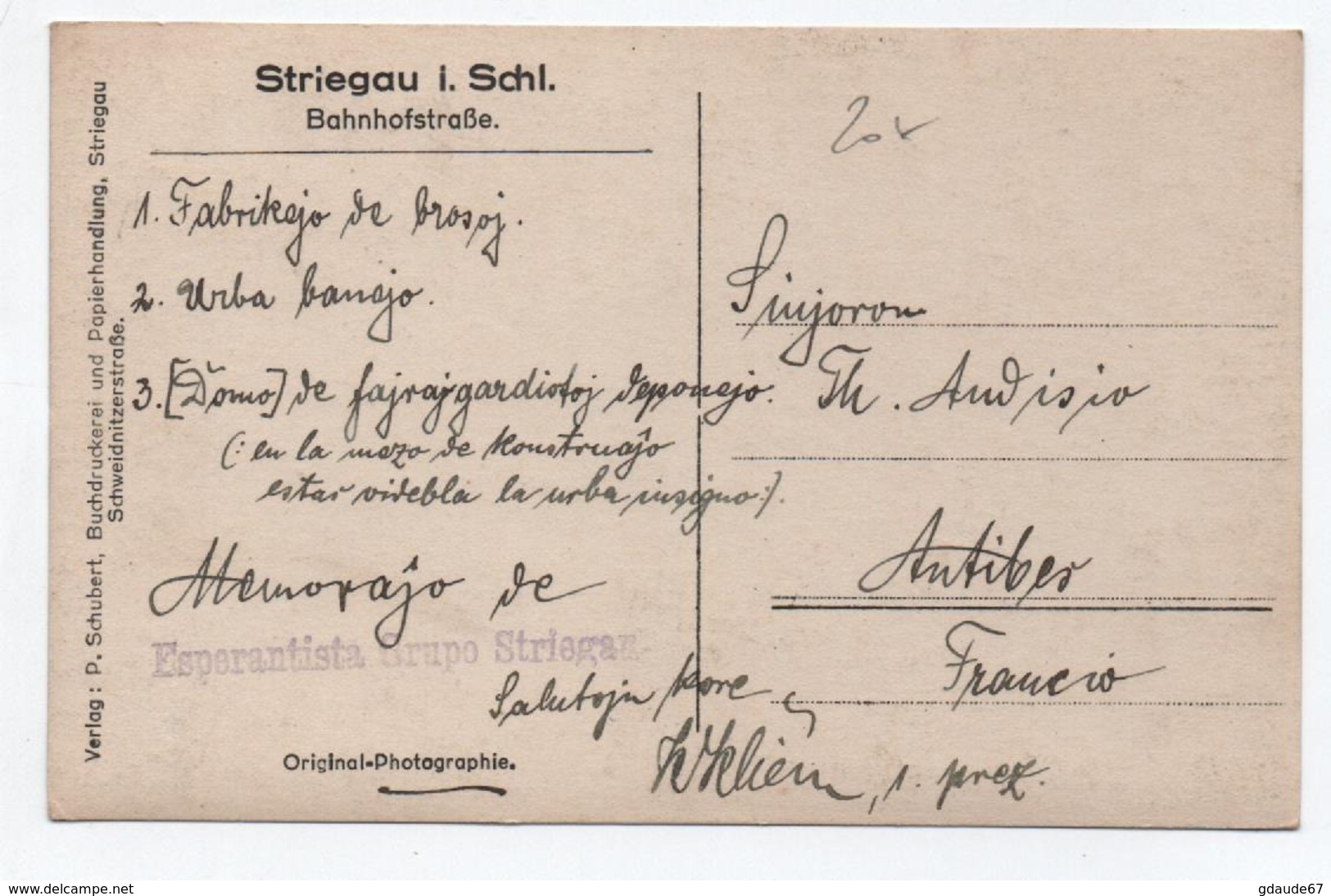 STRIEGAU I. SCHL. - BAHNHOFSTRASSE - CACHET ESPERANTO AU DOS "ESPERANTISTA GRUPO STRIEGAR" - Schlesien