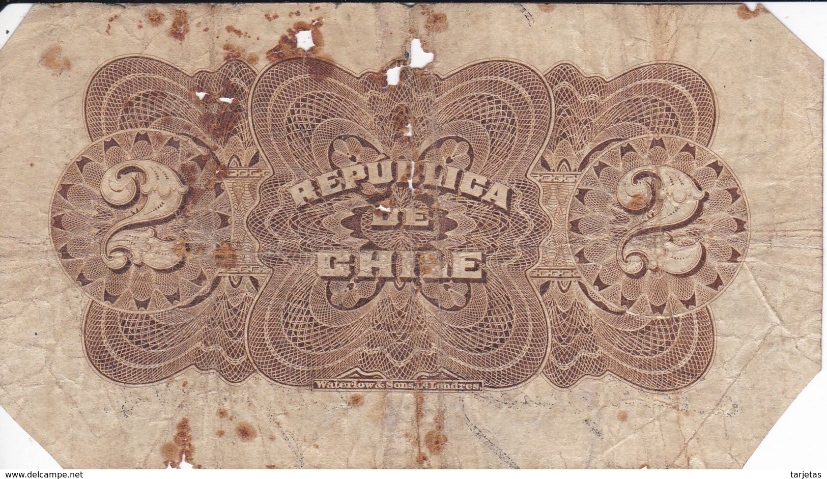 BILLETE DE CHILE DE 2 PESOS DEL AÑO 1916 (BANK NOTE) MUY RARO - Chili