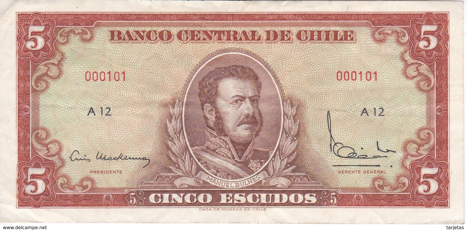 BILLETE DE CHILE DE 5 ESCUDOS NUMERACION MUY BAJA  (BANK NOTE)  000101 - Chile