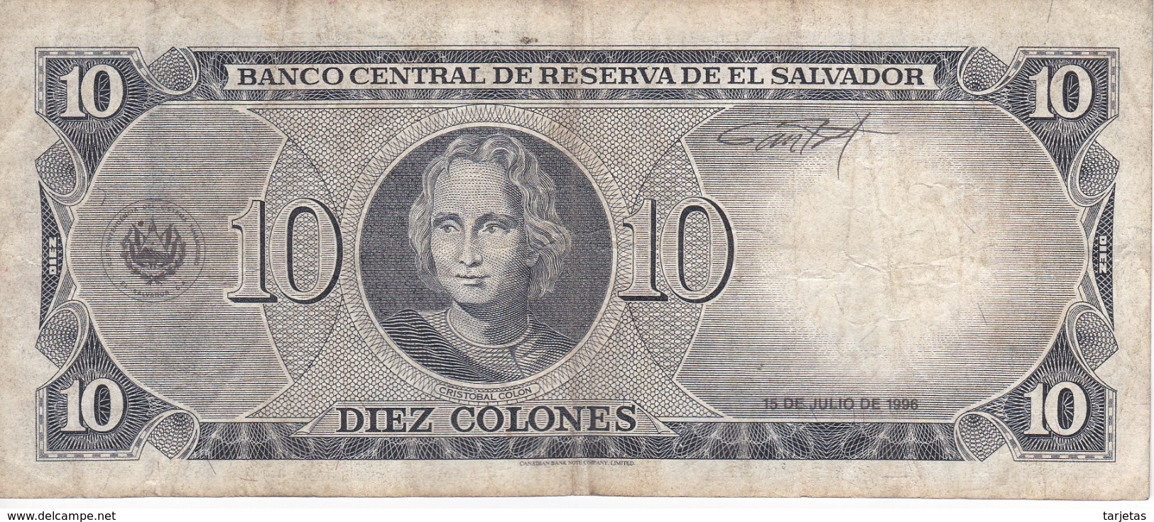 BILLETE DE EL SALVADOR DE 10 COLONES DEL AÑO 1996 DE CRISTOBAL COLON   (BANKNOTE) - El Salvador