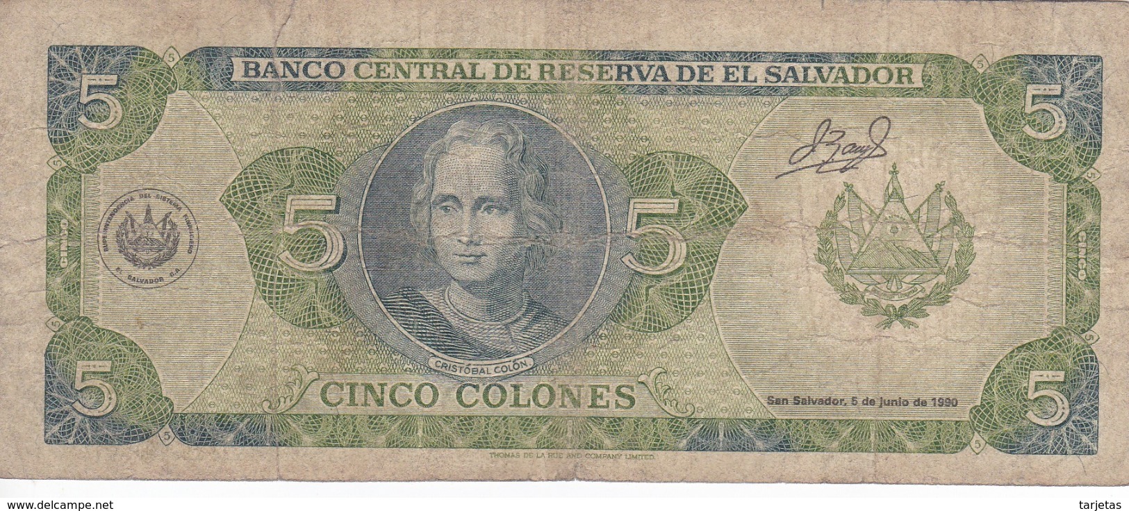 BILLETE DE EL SALVADOR DE 5 COLONES DEL AÑO 1990 DE CRISTOBAL COLON   (BANKNOTE) - El Salvador