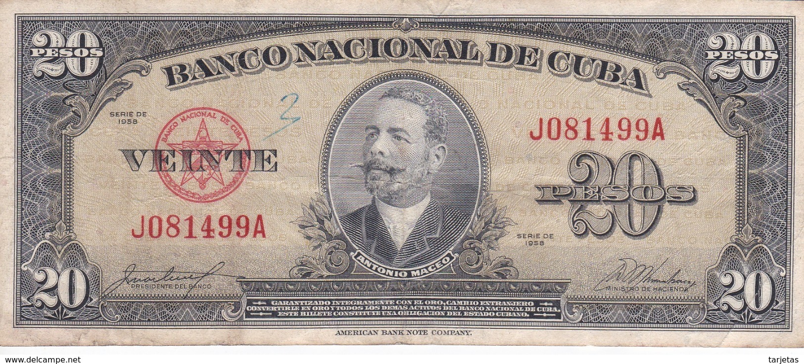 BILLETE DE CUBA DE 20 PESOS  DEL AÑO 1958   (BANKNOTE-BANK NOTE) ANTONIO MACEO - Cuba