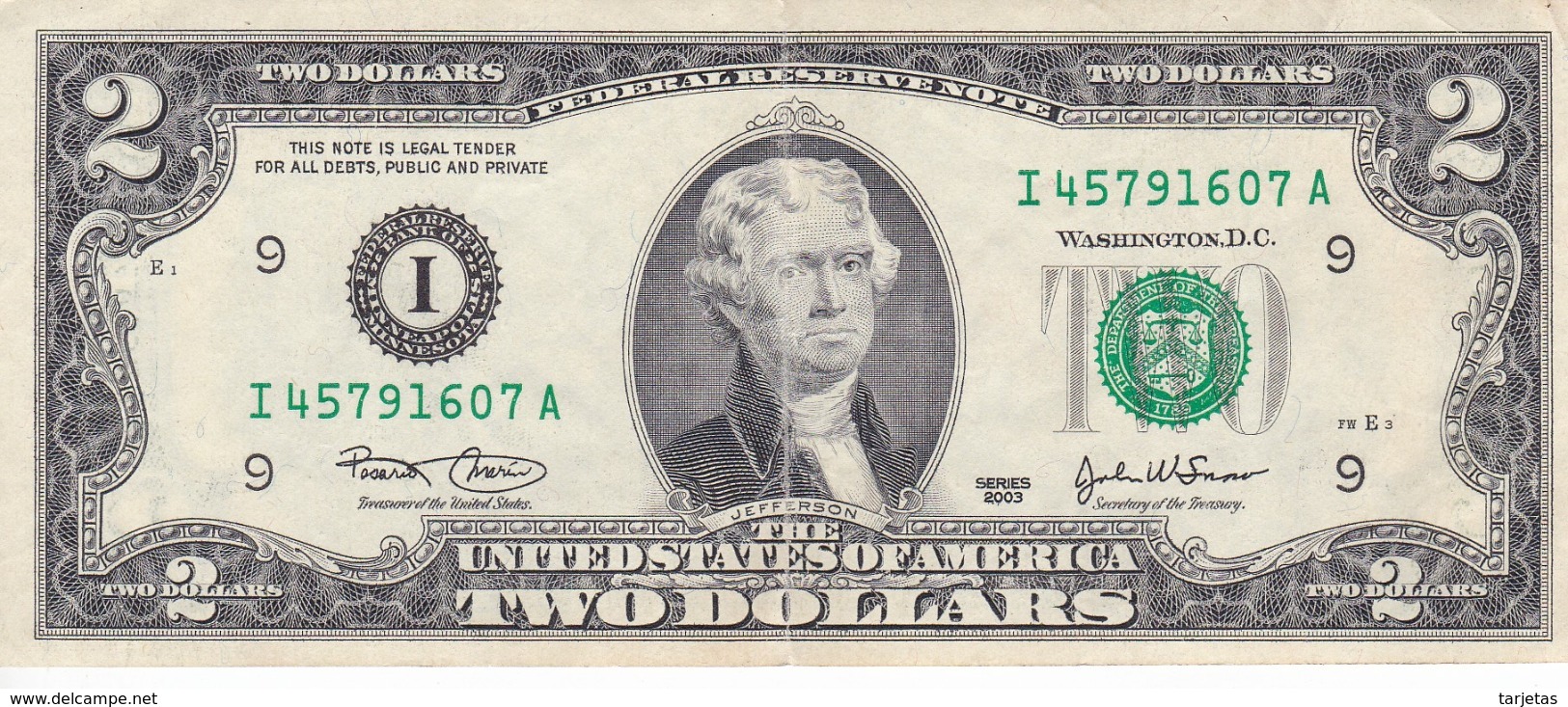 BILLETE DE ESTADOS UNIDOS DE 2 DÓLARES DEL AÑO 2003 SERIE I (BANK NOTE) - Biljetten Van De  Federal Reserve (1928-...)