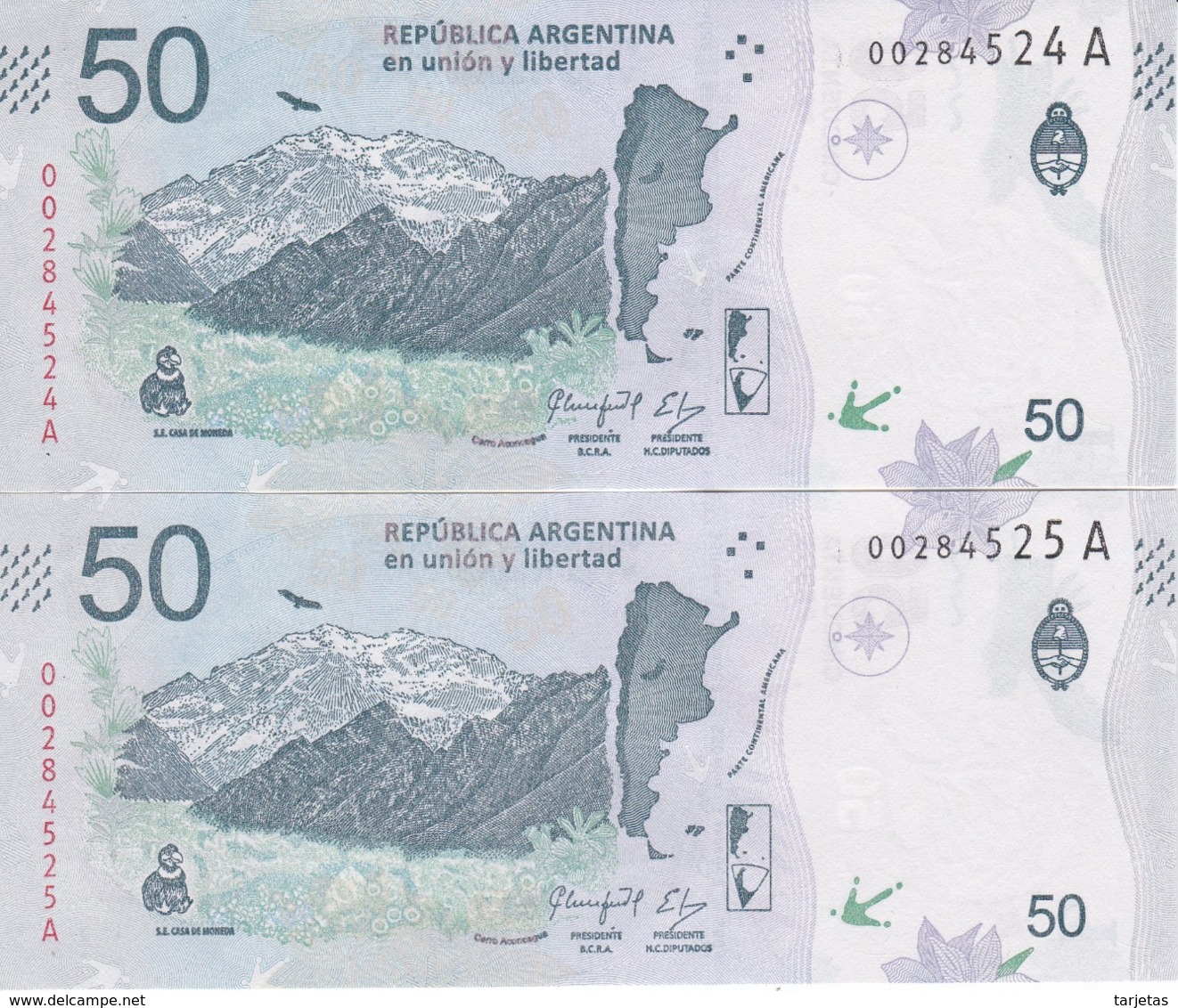 PAREJA CORRELATIVA DE ARGENTINA DE 50 PESOS DE UN CONDOR SIN CIRCULAR - UNCIRCULATED (BANKNOTE) - Argentina