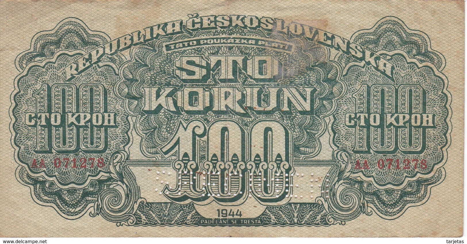 BILLETE DE CHECOSLOVAQUIA DE 100 KORUN DEL AÑO 1944 (BANKNOTE) SPECIMEN - Checoslovaquia