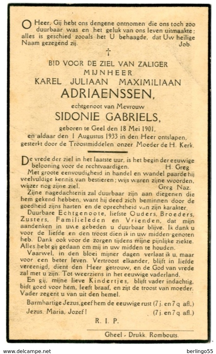 Dp. Adriaenssen Karel. Echtg. Gabriëls Sidonie. ° Geel 1901 † Geel 1933 - Religion & Esotérisme