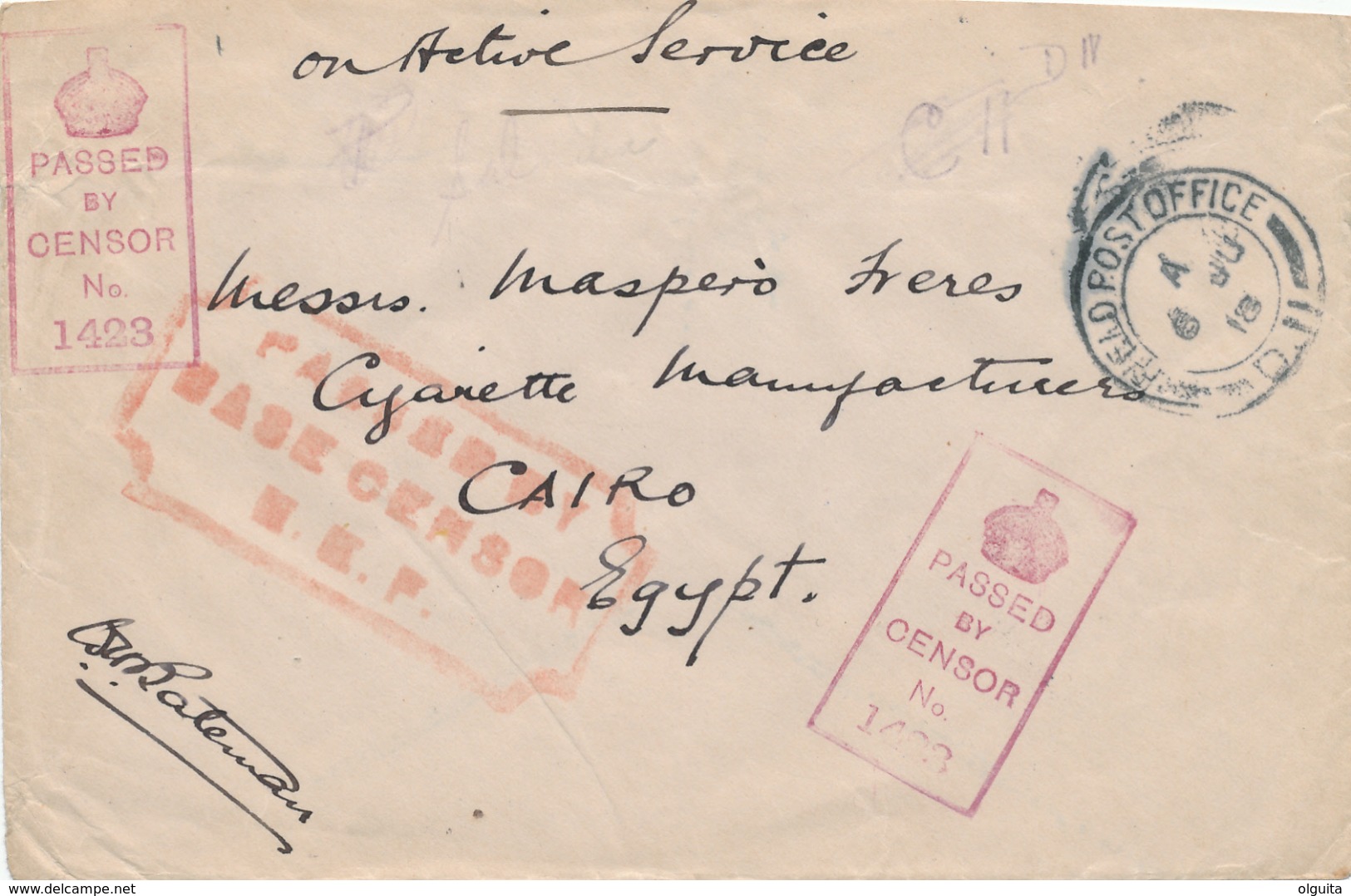 215/30 -- EGYPT WWI CENSORSHIP - Military Envelope Field Post Office 1918 To CAIRO - Censor Base E.E.F. + Army Censors - 1915-1921 British Protectorate