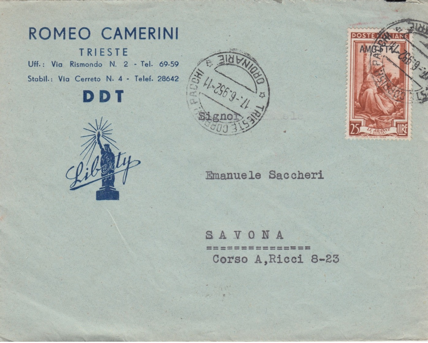 515 - STORIA POSTALE - BUSTA PUBBLICITARIA - ROMEO CAMERINI- DDT - 1952 - AMG-FTT - TRIESTE PER SAVONA - 1946-60: Storia Postale