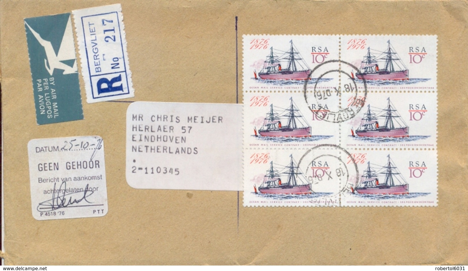 South Africa 1976 Registered Airmail Cover To Netherlands With 6 X 10 C. Centenary Of The Ocean Mail Service - Posta