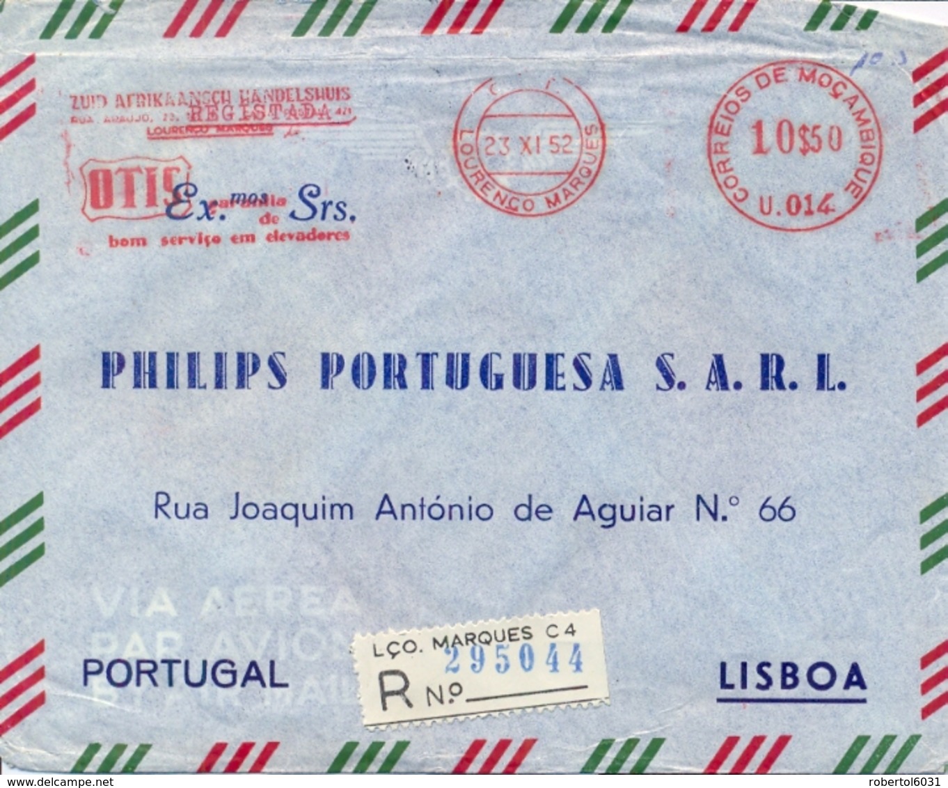 Mozambique 1962 Registered Commercial Cover To Portugal With Lourenço Marques Meter Franking EMA 10,50 $ Lifts OTIS - Fabbriche E Imprese