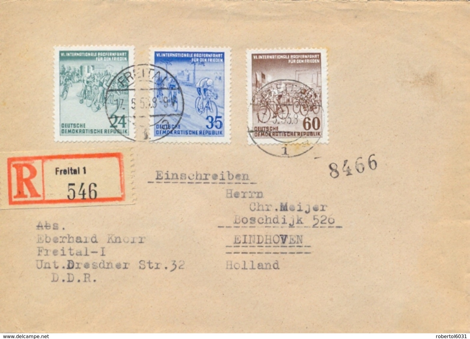 Germany DDR 1953 Registered Cover To Netherlands With Complete Issue 6th Peace Cycling Race Prague-Berlin-Warszawa - Cycling