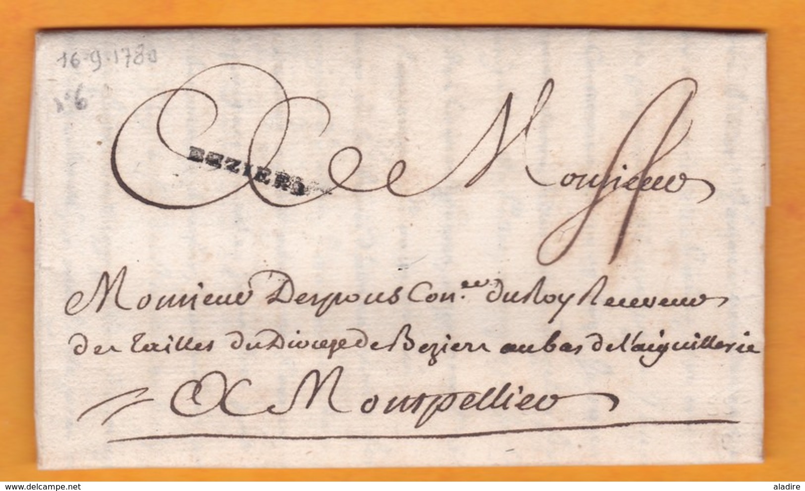 1780 - Marque Postale BEZIERS, Hérault Sur Lettre Pliée Avec Correspondance Familiale Vers Montpellier - 1701-1800: Precursors XVIII