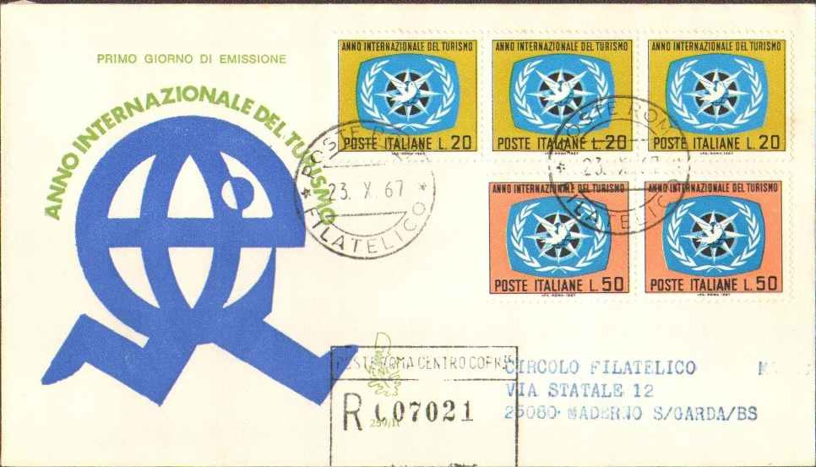 1967-striscia Del L.20+coppia Del L.50 Anno Internazionale Del Turismo Su Fdc Venetia Raccomandata - 1961-70: Storia Postale