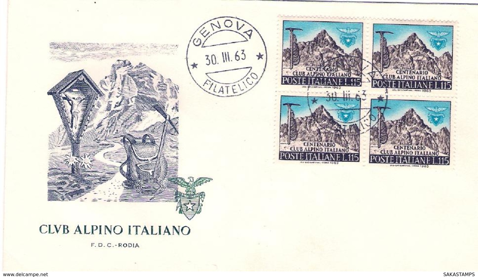 1963-L.115 In Quartina Club Alpino Italiano Su Fdc Illustrata Rodia - 1961-70: Storia Postale