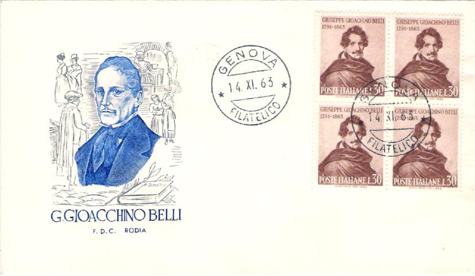 1963-L.30 In Quartina Gioachino Belli Su Fdc Illustrata Rodia - 1961-70: Storia Postale