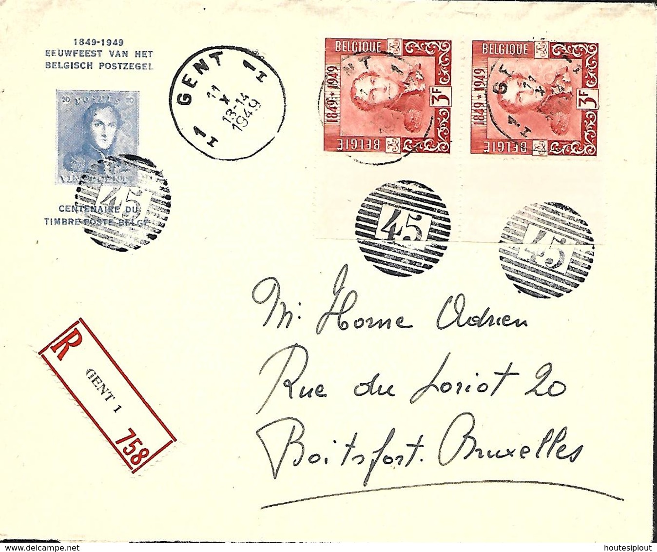 Belgique. TP 809 (x 2 BdF)   L.  Rec  Gent 1 > Boitsfort  1949   Centenaire Du Timbre Belge - Lettres & Documents