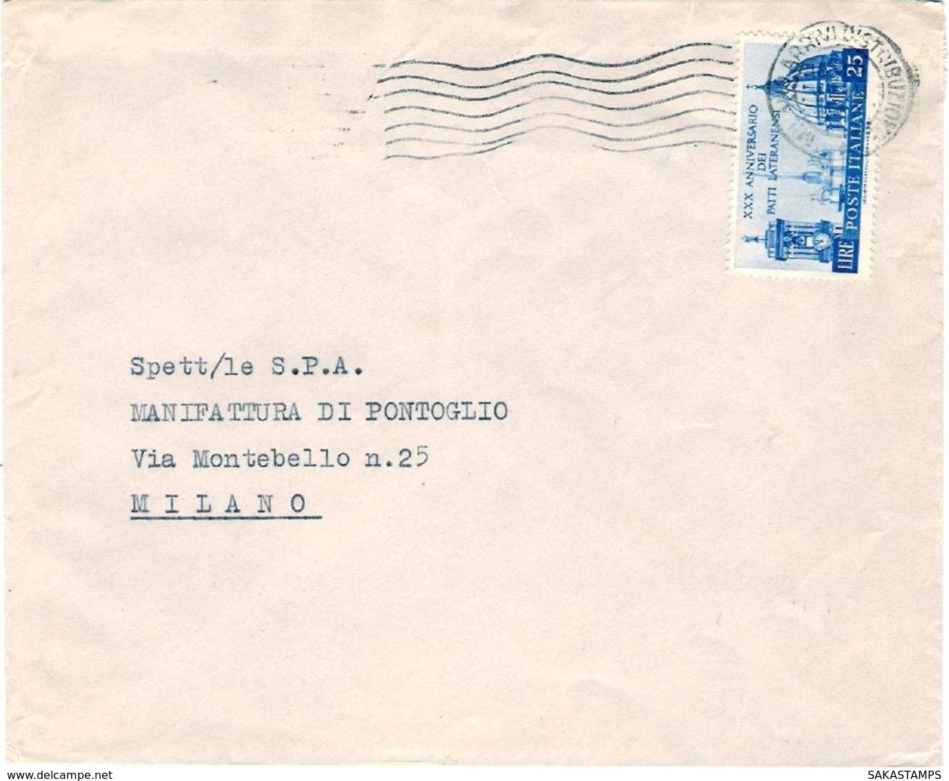 1959-XXX Anniversario Dei Patti Lateranensi L.25 Isolato Su Busta - 1946-60: Storia Postale