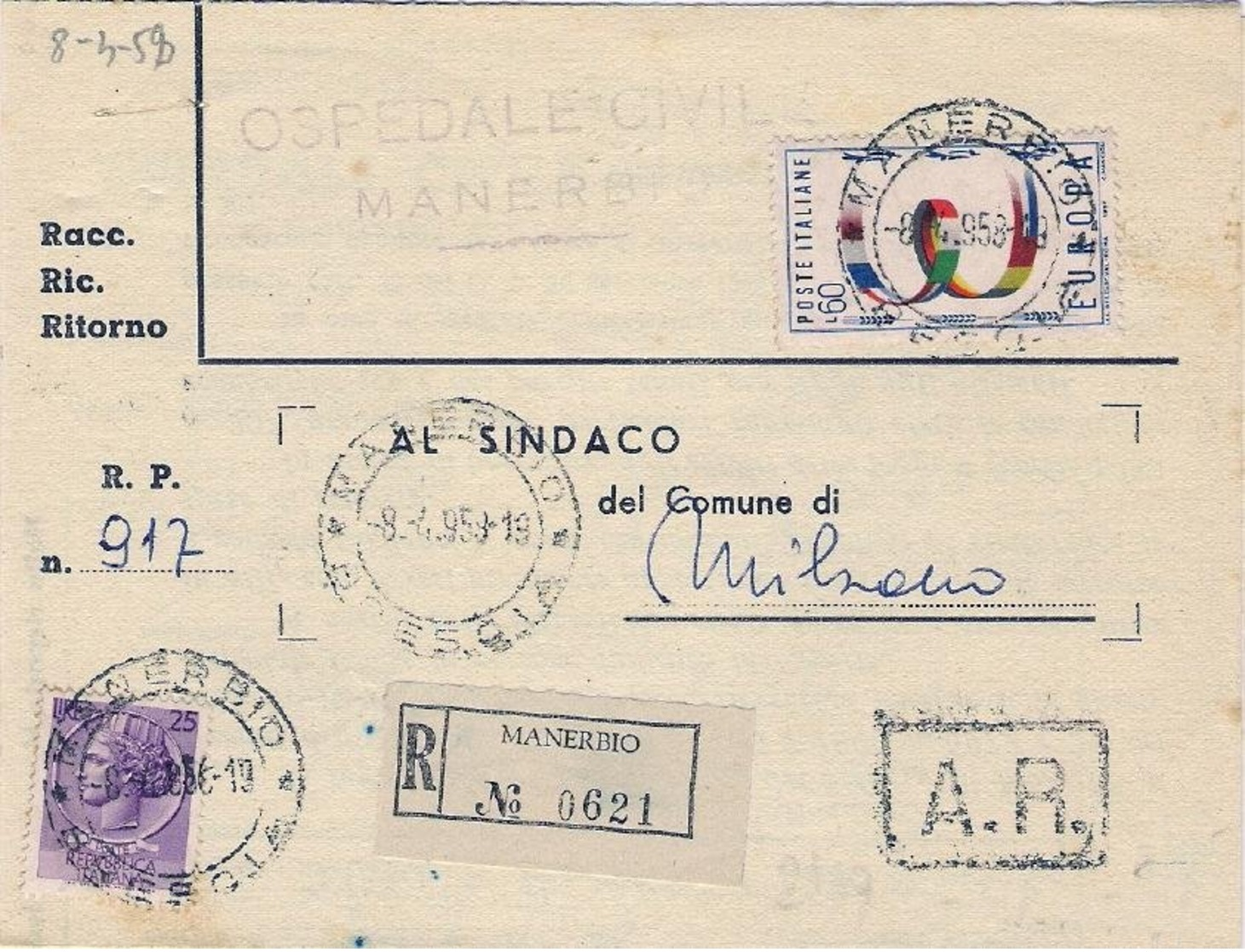 1958-piego Ospedaliero Raccomandato Affrancato L.25 Siracusana+L.60 Europa - 1946-60: Storia Postale